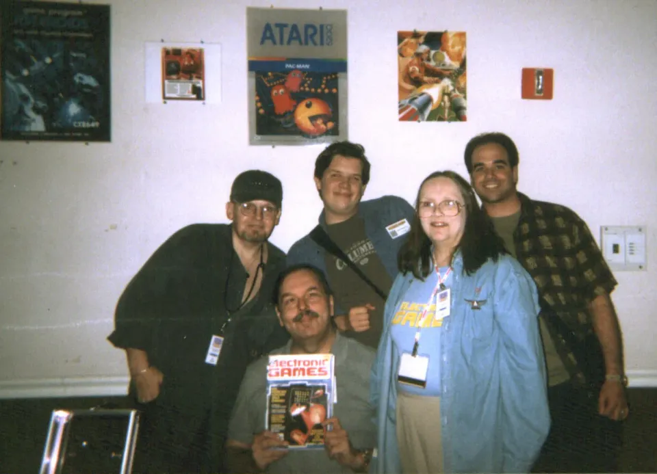 (L-R) Bill Kunkel, Arnie Katz, Chris Kohler, Joyce Worley Katz, and Al Riccitelli. Classic Gaming Expo 2002 in Las Vegas.